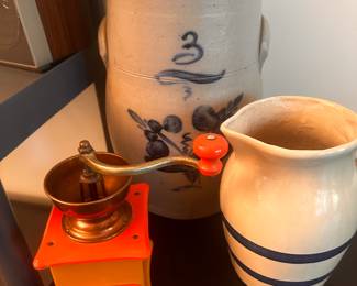 Some great vintage items! Coffee grinder, Blue Stripe Pitcher, and a Blue Salt Glaze Stoneware Crock.