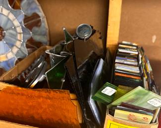 This shelf is basically a stained glass studio! Beautiful glass in all shapes, sizes and hues...Tiffany Shade Forms (2 sizes) and a Tiffany Style Shade! 