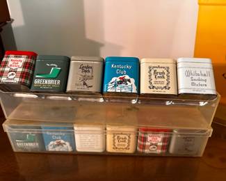 Two sets of vintage TOBACCO TINS! Each is roughly 2.5 x 2.5 inches! All are in excellent shape and come in the original  plastic container! 