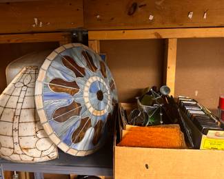 This shelf is basically a stained glass studio! Beautiful glass in all shapes, sizes and hues...Tiffany Shade Forms (2 sizes) and a Tiffany Style Shade! 