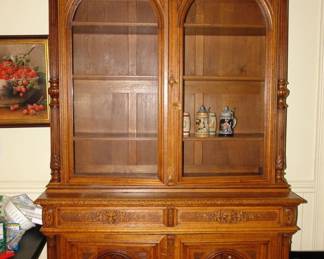 19th Century Belgian Carved Walnut Hunting Cupboard Cabinet