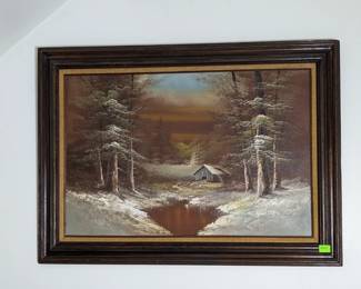 Lot 201: Oil painting on canvas signed Bill Bosweil of mountain scene; frame measures 31 " high x 44 " wide