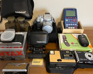 Vintage cameras and binoculars