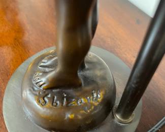 Stained glass lamp, bronze base, girl blowing bubbles after Suzanne Bizard