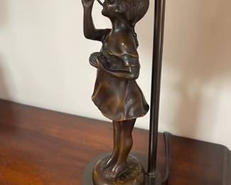 Stained glass lamp, bronze base, girl blowing bubbles after Suzanne Bizard