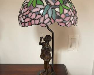Stained glass lamp, bronze base, girl blowing bubbles after Suzanne Bizard
