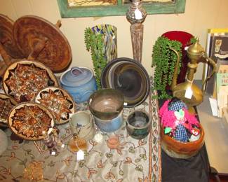 Vintage Turkish spinning wheel, Artisan stoneware pottery, Turkish etched copper/brass plates