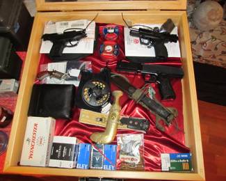 Firearms, bullets, knives, pellet guns, holsters, ammo boxes, gun cases, etc.