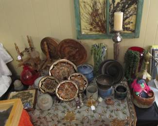 Vintage Turkish spinning wheel, Artisan stoneware pottery, Turkish etched copper/brass plates, vintage mosaic tree of life art on wood.