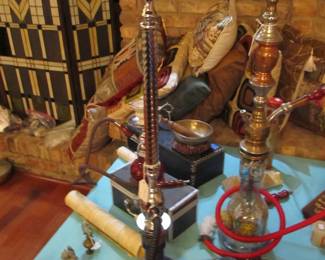 Nice collection of HOOKHAS and accessories. Egyptian art, incense, Hookah storage boxes, and more!