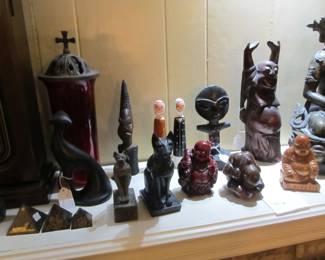 Several Egyptian cat goddesses “Bastet” carved in beautiful stone. Multiple Buddha's hand carved. African fertility goddess.