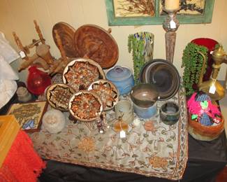 Vintage Turkish spinning wheel, Artisan stoneware pottery, Turkish etched copper/brass plates