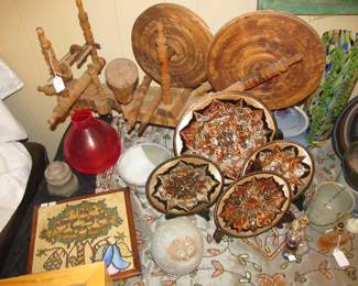 Vintage Turkish spinning wheel, Artisan stoneware pottery, Turkish etched copper/brass plates, vintage mosaic tree of life art on wood.