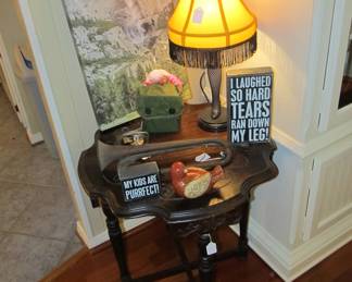 Antique trumpet and military items, various cute decor items.