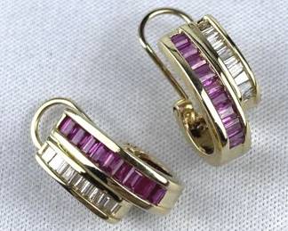14K Yellow Gold Diamond & Ruby Earrings