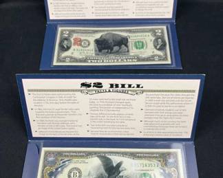 Pair of Colorized $2 Bills in Folios, Buffalo/Eagl