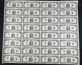 (32) $2 US Bill Uncut Sheet in Tube from Bureau