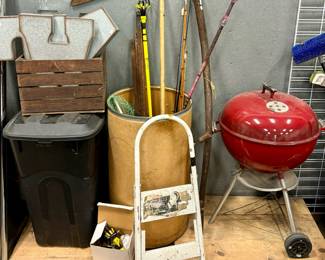 Various Tools, Fishing Poles, Charcoal Grill, Lidded Trash Can, Step Stool, Wooden Crate full of Metal Letters