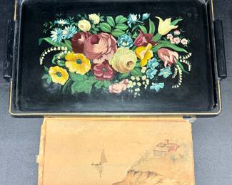 Antique Serving Tray and a very old unframed watercolor by E. Nigh
