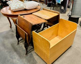 Two Antique Wooden School Desks, Wooden Storage Box on Wheels