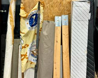 Flags (and poles), a Camping Cot, tall Saw Horse Legs, Auto Side Rails