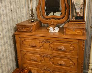 Antique Heavily decorated and Scrolled Dresser with Mirror. 