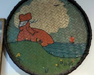 Hand painted folk art on woven tray