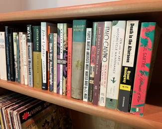Books including fiction and non-fiction by Jean-Paul Sartre, Ernest Hemingway, Italo Calvino, Gunter Grass, Richard Wright, Joan Didion, O. Henry and more