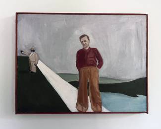 Surrealist painting of two figures in austere landscape