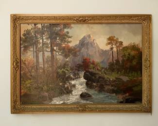 Large format mountainscape oil painting in beautiful frame