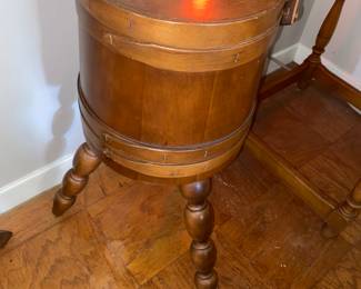 Three legged sewing basket with yarn and such