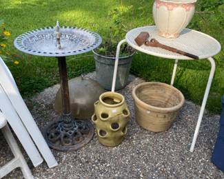 Garden stuff including nice metal birdbath