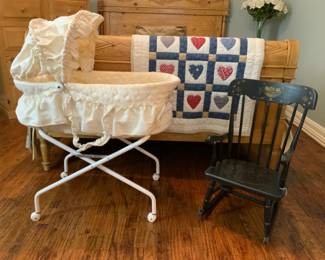 Vintage Bassinet, Baby Quilt and Children’s Rocking Chair.