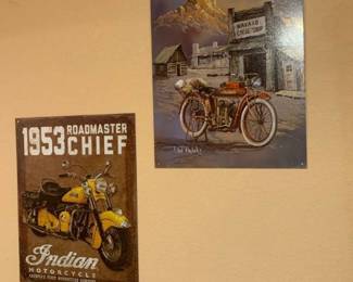 2 Small Indian Motorcycle signs. Metal. One is signed