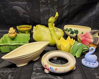 Many pottery selections,  McCoy, Hull, Royal Copley and more. 