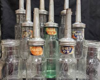 Standard Oil Bottles, some with Original Metal Polarine Bands / Collars. One rare green bottle.