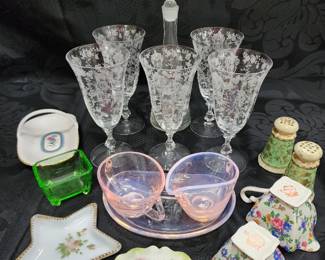 Crystal, chintz, fostoria, and uranium glass!