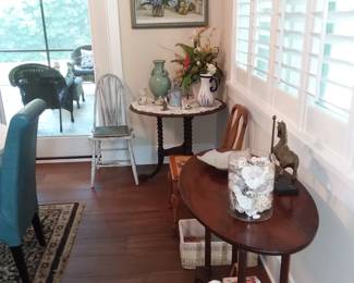 Side tables, antique chairs, collectibles 