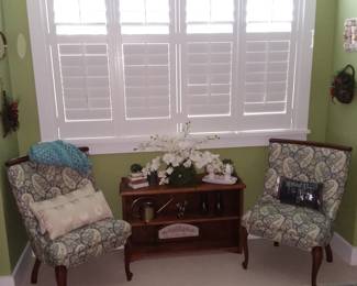 Set of matching accent chairs, small open storage chest 