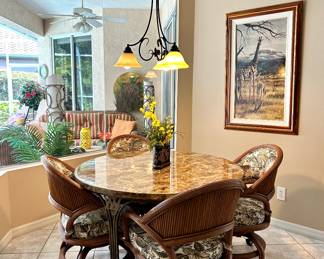 Marble Top on Copper Legs Dining Table with Rattan Caster Chairs