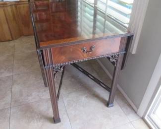 Mahogany Drop Leaf Chippendale Table, 2 End Drawers. Closed Size 54" X 23"