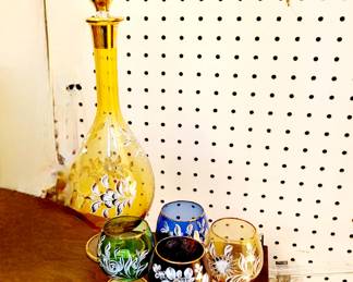 Vintage Bohemian Czech Art Glass Decanter Gold Gilded 5 pc set