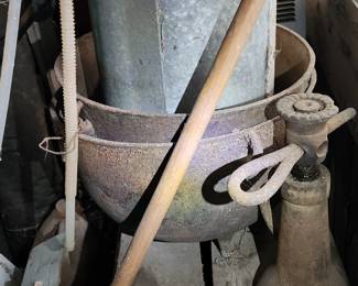 Cast iron pots, old truck jack
