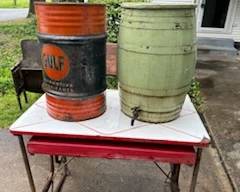 Gulf oil barrel, Wooden whiskey/rain barrel & really cool enamel top table with fold out benches