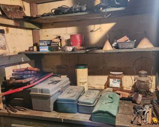 Tool boxes, hand saws, Railroad lantern