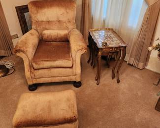 Vintage armchair w/stool, Italy gold nesting tables