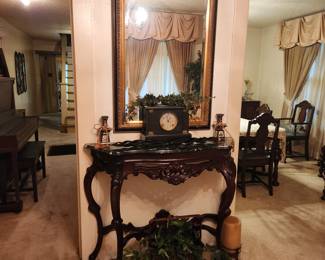 Large mirror, marble top carved entry table, antique clock