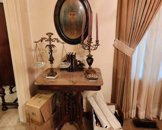 Marble top carved side table, brass/glass scales, ornate candlestick, antique military photo w/bubble glass frame
