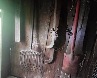 Pitchfork, cotton scales, red metal shovel