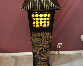 Chinoiserie Black Lacquer Lighted Pagoda Cabinet